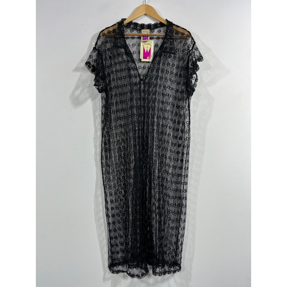 Antthony Original Y2K Boho Whimsigoth Black Crochet Lace Duster Sheer Large